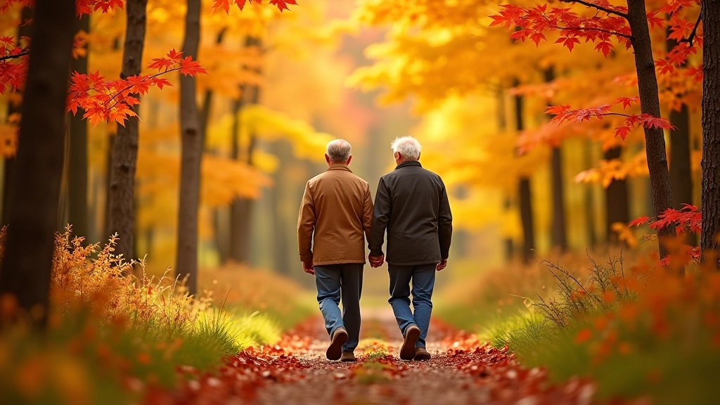 Senioru pāris staigā pa meža taku, skaista rudens ainava, sarkani un dzelteni lapas