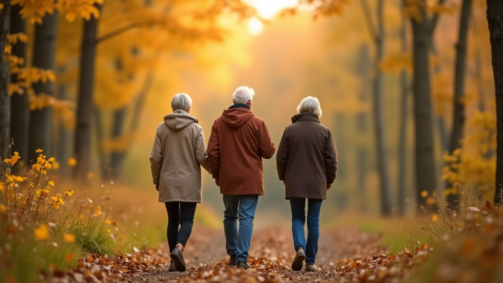 Seniori grupā staigā pa meža taku, draudzīga atmosfēra, rudens ainava